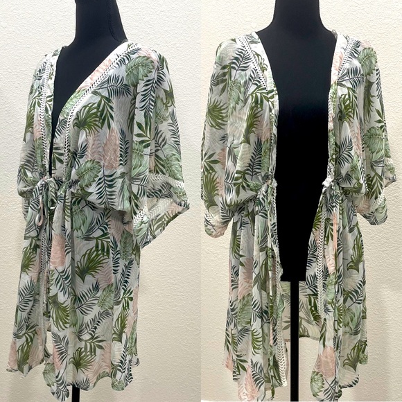 Miken • SWIM Leaf Printed Tie-Front Kimono Cover for Beach or Pool - Picture 3 of 15
